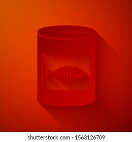 Paper cut Canned food for cat icon isolated on red background. Fish skeleton sign. Food for animals. Pet dog food can. Paper art style. Vector Illustration