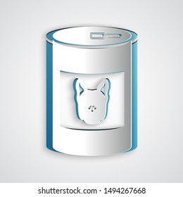 Paper cut Canned food for dog icon isolated on grey background. Food for animals. Pet dog food can. Paper art style. Vector Illustration