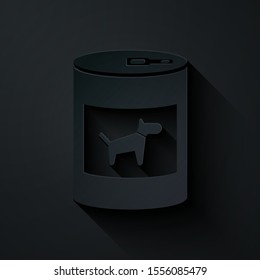 Paper cut Canned food for dog icon isolated on black background. Food for animals. Pet dog food can. Paper art style. Vector Illustration