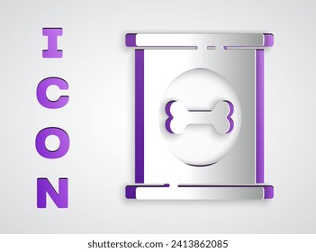 Paper cut Canned food icon isolated on grey background. Food for animals. Pet food can. Dog bone sign. Paper art style. Vector