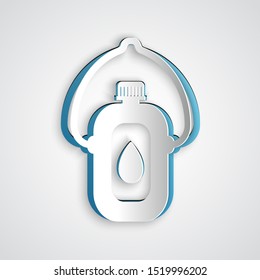 Paper cut Canteen water bottle icon isolated on grey background. Tourist flask icon. Jar of water use in the campaign. Paper art style. Vector Illustration
