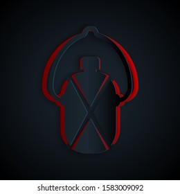 Paper cut Canteen water bottle icon isolated on black background. Tourist flask icon. Jar of water use in the campaign. Paper art style. Vector Illustration