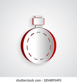 Paper cut Canteen water bottle icon isolated on grey background. Tourist flask icon. Jar of water use in the campaign. Paper art style. Vector