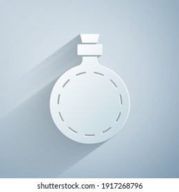 Paper cut Canteen water bottle icon isolated on grey background. Tourist flask icon. Jar of water use in the campaign. Paper art style. Vector