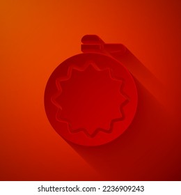 Paper cut Canteen water bottle icon isolated on red background. Tourist flask icon. Jar of water use in the campaign. Paper art style. Vector