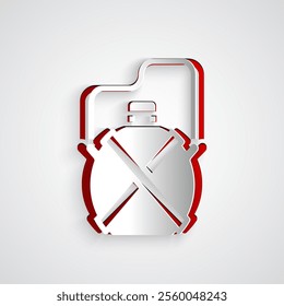 Paper cut Canteen water bottle icon isolated on grey background. Tourist flask icon. Jar of water use in the campaign. Paper art style. Vector