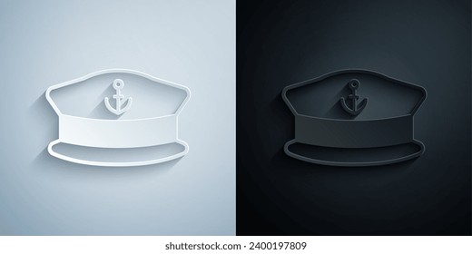 Paper cut Captain hat icon isolated on grey and black background. Paper art style. Vector