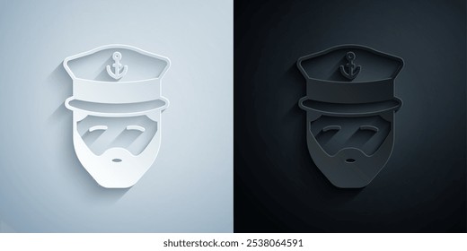 Papel cortado Capitán del icono de la nave aislado en fondo gris y negro. Turismo de viajes y transporte náutico. Buque de pasajeros de viaje, crucero. Estilo de arte de papel. Vector