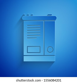 Paper cut Car battery icon isolated on blue background. Accumulator battery energy power and electricity accumulator battery. Paper art style. Vector Illustration