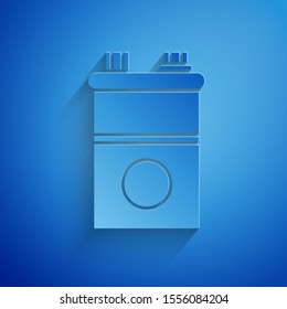 Paper cut Car battery icon isolated on blue background. Accumulator battery energy power and electricity accumulator battery. Paper art style. Vector Illustration