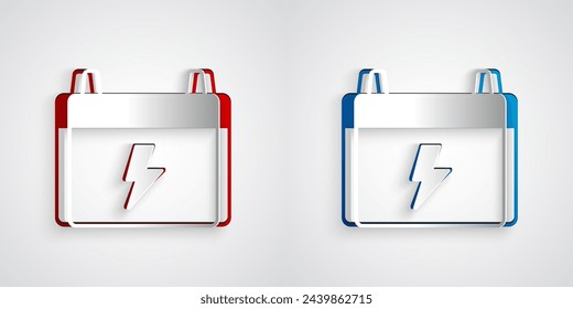 Paper cut Car battery icon isolated on grey background. Accumulator battery energy power and electricity accumulator battery. Paper art style. Vector