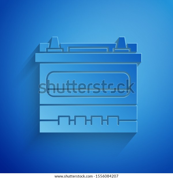 Paper cut Car battery icon\
isolated on blue background. Accumulator battery energy power and\
electricity accumulator battery. Paper art style. Vector\
Illustration
