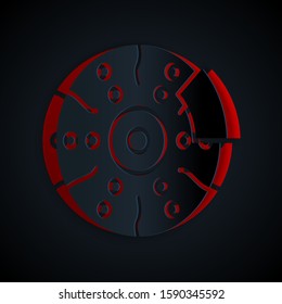 Paper cut Car brake disk with caliper icon isolated on black background. Paper art style. Vector Illustration