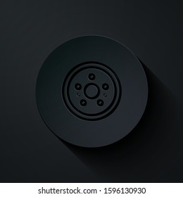 Paper cut Car brake disk icon isolated on black background. Paper art style. Vector Illustration