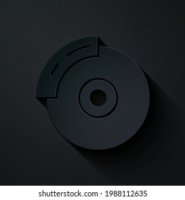 Paper cut Car brake disk with caliper icon isolated on black background. Paper art style. Vector