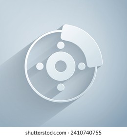 Paper cut Car brake disk with caliper icon isolated on grey background. Paper art style. Vector