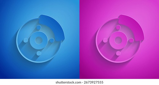 Disco de freio de carro de corte de papel com ícone de pinça isolado no fundo azul e roxo. Estilo da arte do papel. Vetor