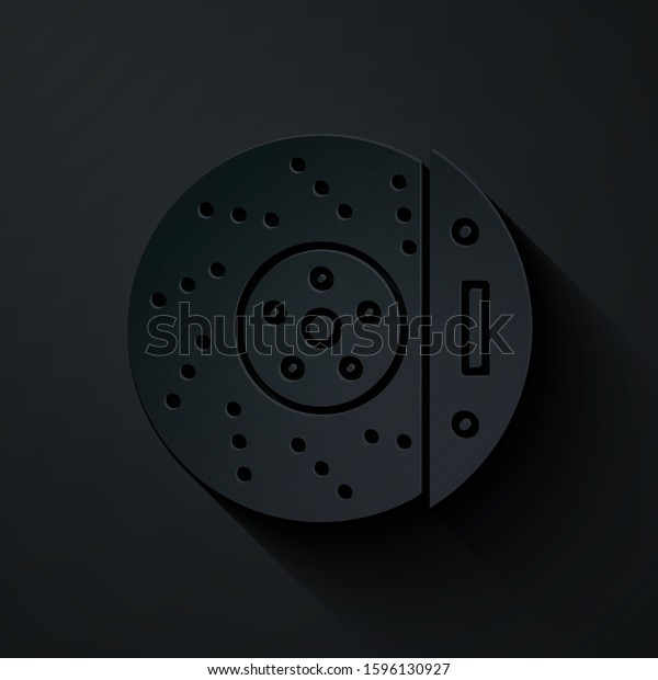Paper cut Car brake\
disk with caliper icon isolated on black background. Paper art\
style. Vector\
Illustration