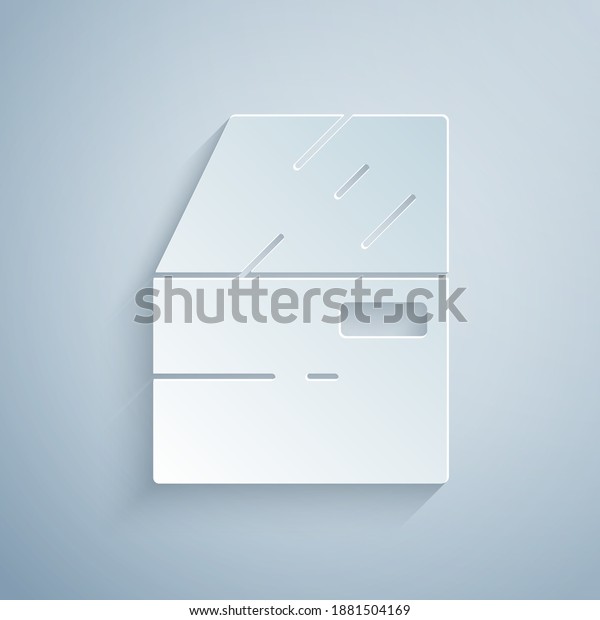 Paper cut Car door icon isolated on grey\
background. Paper art style.\
Vector.