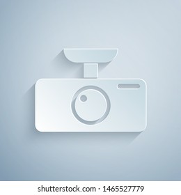 Paper cut Car DVR icon isolated on grey background. Car digital video recorder icon. Paper art style. Vector Illustration