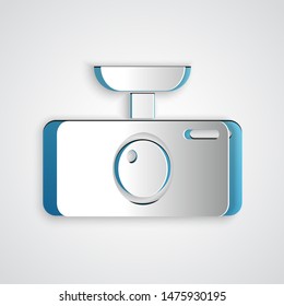 Paper cut Car DVR icon isolated on grey background. Car digital video recorder icon. Paper art style. Vector Illustration
