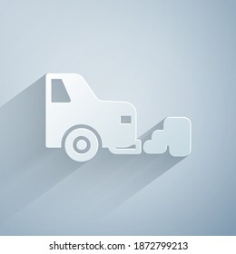 Paper Cut Car Exhaust Icon Isolated On Grey Background. Paper Art Style. Vector