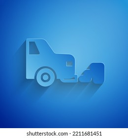 Paper Cut Car Exhaust Icon Isolated On Blue Background. Paper Art Style. Vector