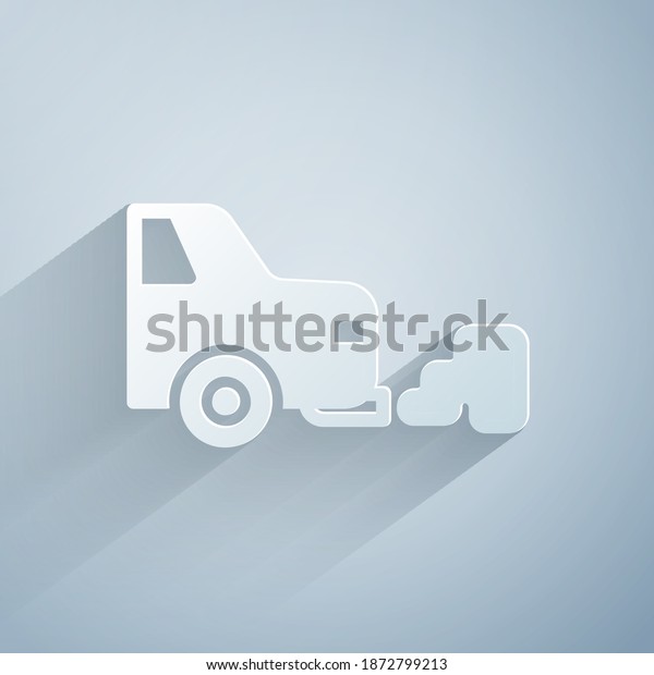 Paper cut Car exhaust icon isolated on grey\
background. Paper art style.\
Vector