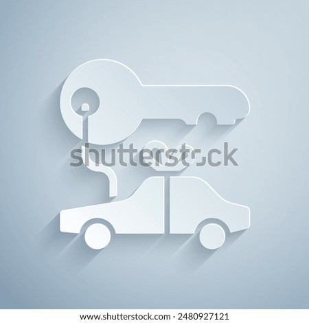 Paper cut Car gift icon isolated on grey background. Car key prize. Paper art style. Vector