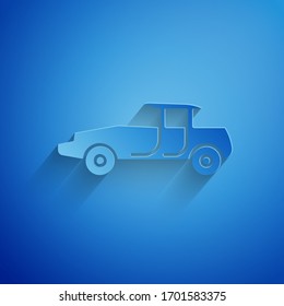 Icono de Camión de corte de papel aislado en fondo azul. Estilo de arte de papel. Ilustración vectorial