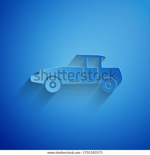 Paper cut Car icon isolated on blue\
background. Paper art style. Vector\
Illustration