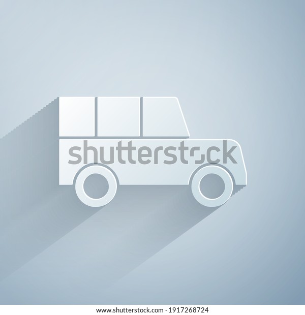Paper cut Car icon isolated on grey\
background. Front view. Paper art style.\
Vector