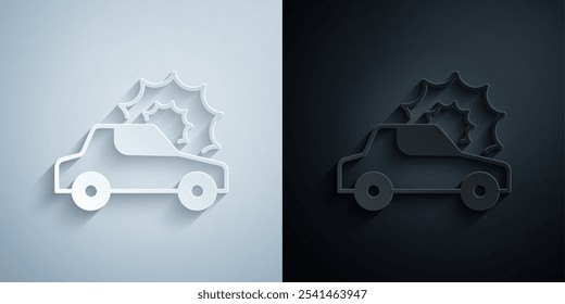 Paper cut Car insurance icon isolated on grey and black background. Insurance concept. Security, safety, protection, protect concept. Paper art style. Vector