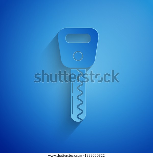 Paper cut Car key icon isolated on\
blue background. Paper art style. Vector\
Illustration