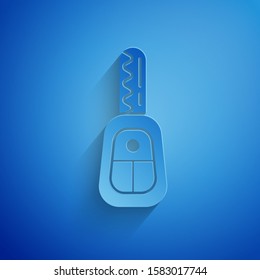 Paper cut Car key with remote icon isolated on blue background. Car key and alarm system. Paper art style. Vector Illustration