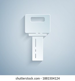 Paper cut Car key with remote icon isolated on grey background. Car key and alarm system. Paper art style. Vector.