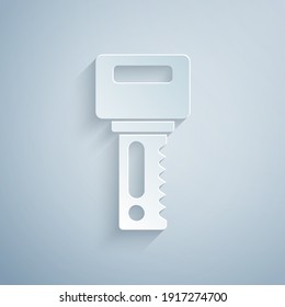 Corte de papel Tecla Car con icono remoto aislado en fondo gris. Llave de coche y sistema de alarma. Estilo de arte de papel. Vector.