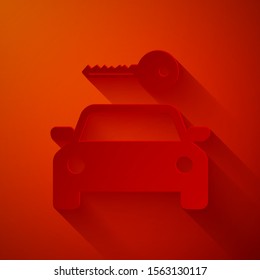 Paper cut Car rental icon isolated on red background. Rent a car sign. Key with car. Concept for automobile repair service, spare parts store. Paper art style. Vector Illustration