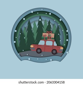 Papier schneiden Auto fahren durch den Wald mit Weihnachtsgeschenken