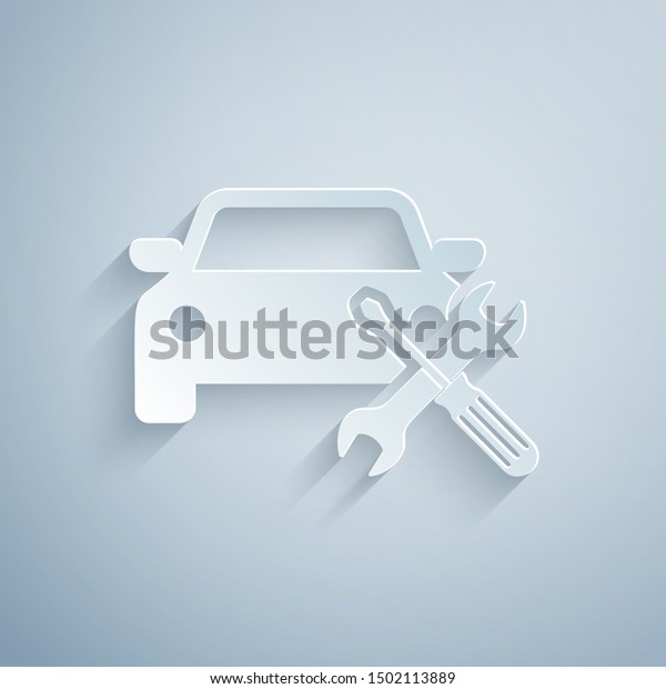Paper cut\
Car with screwdriver and wrench icon isolated on grey background.\
Adjusting, service, setting, maintenance, repair, fixing. Paper art\
style. Vector\
Illustration