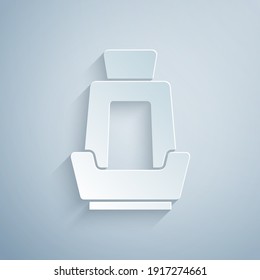 Paper cut Car seat icon isolated on grey background. Car armchair. Paper art style. Vector.