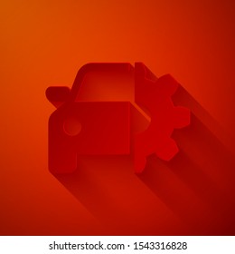 Paper cut Car service icon isolated on red background. Auto mechanic service. Mechanic service. Repair service auto mechanic. Maintenance sign. Paper art style. Vector Illustration