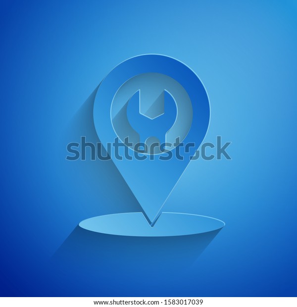 Paper cut Car service icon\
isolated on blue background. Auto mechanic service. Repair service\
auto mechanic. Maintenance sign. Paper art style. Vector\
Illustration