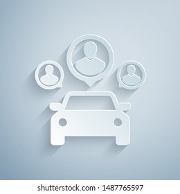 Paper cut Car sharing with group of people icon isolated on grey background. Carsharing sign. Transport renting service concept. Paper art style. Vector Illustration