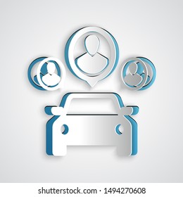 Paper cut Car sharing with group of people icon isolated on grey background. Carsharing sign. Transport renting service concept. Paper art style. Vector Illustration