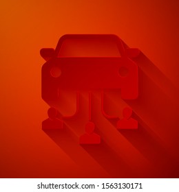 Paper cut Car sharing with group of people icon isolated on red background. Carsharing sign. Transport renting service concept. Paper art style. Vector Illustration