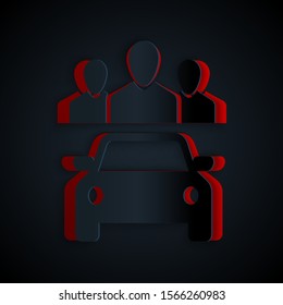 Paper cut Car sharing with group of people icon isolated on black background. Carsharing sign. Transport renting service concept. Paper art style. Vector Illustration