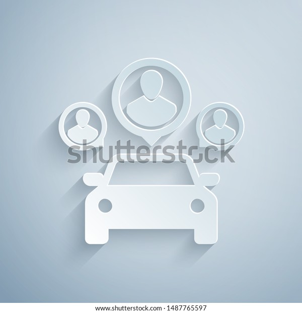 Paper cut Car
sharing with group of people icon isolated on grey background.
Carsharing sign. Transport renting service concept. Paper art
style. Vector
Illustration
