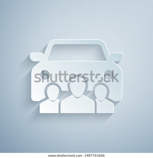 Paper cut Car\
sharing with group of people icon isolated on grey background.\
Carsharing sign. Transport renting service concept. Paper art\
style. Vector\
Illustration