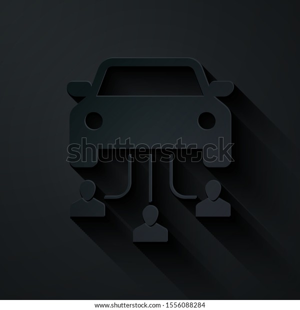 Paper cut Car\
sharing with group of people icon isolated on black background.\
Carsharing sign. Transport renting service concept. Paper art\
style. Vector\
Illustration